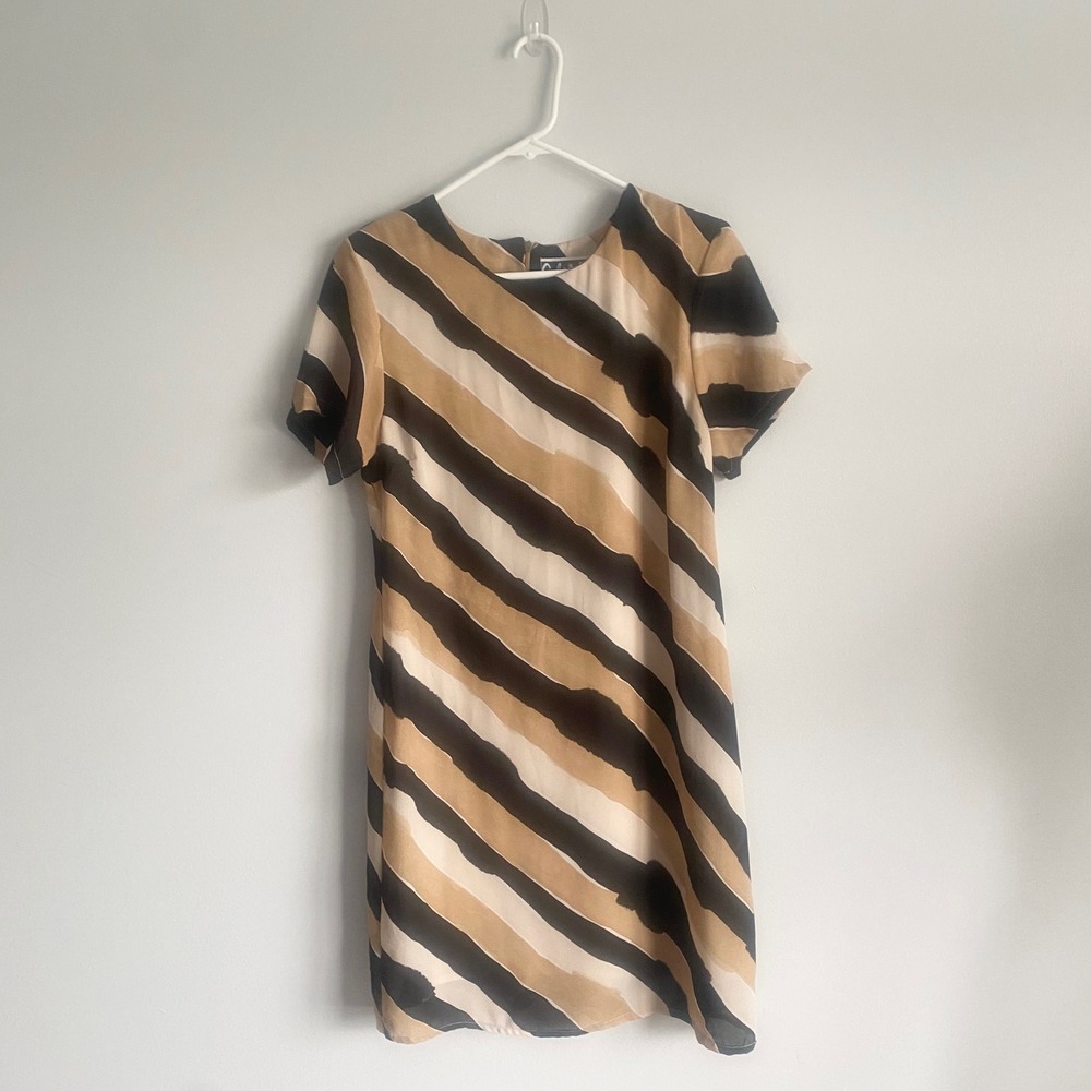 Vintage Gabrielle Black Tan Cream Striped Short Sleeve Shift Mini Dress Medium‎